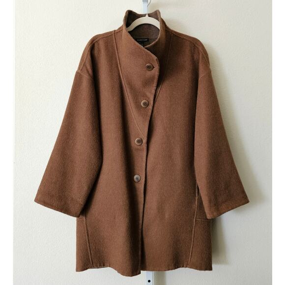 Eileen Fisher Brown Alpaca Wool Silk Blend Oversize Shawl Collar Coat  Sz XS - Picture 3 of 16